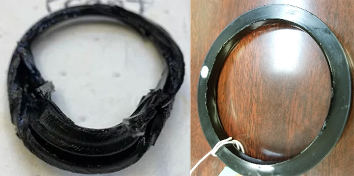 Figure 1: Wide Footprint (left) and Extra Wide Hybrid (right) Seals after testing. The 507 series seal (left image) failed in about an hour while the Extra Wide Hybrid seal (right image) completed the 24 hour test and was in good condition.